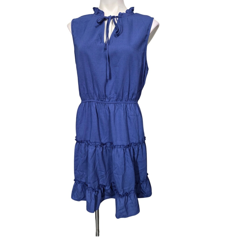 Cupshe Royal Blue Ruffle Neck Tiered Dress Sleeveless Tie Front Med